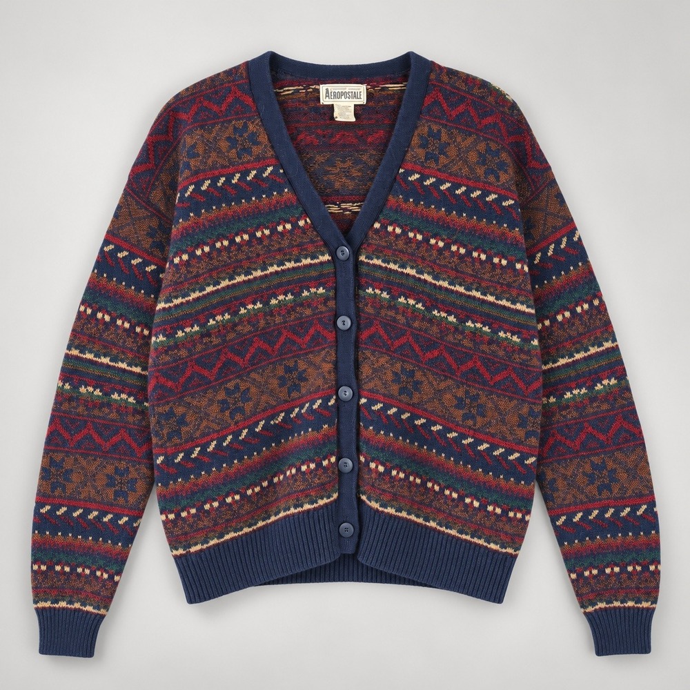 Vintage Aeropostale Fair Isle Geometric Cardigan Sweater Blue Red L Wool